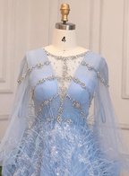 Princess Sky Blue Long Crew Neck Feather Sparkling Diamond Tulle Prom Dress Evening Dress
