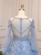 Princess Sky Blue Long Crew Neck Feather Sparkling Diamond Tulle Prom Dress Evening Dress