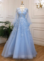 Princess Sky Blue Long Crew Neck Feather Sparkling Diamond Tulle Prom Dress Evening Dress