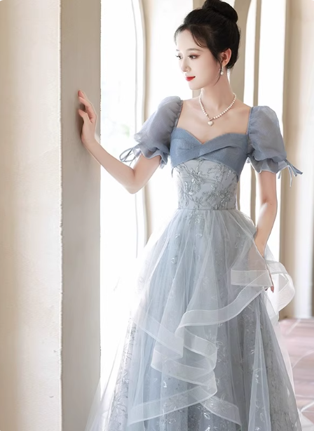 Princess Slate Blue A-Line Puff Sleeve Embroidered Tulle Long Prom Dress Evening Dress