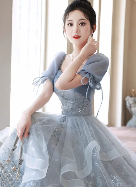 Princess Slate Blue A-Line Puff Sleeve Embroidered Tulle Long Prom Dress Evening Dress