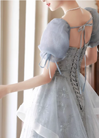 Princess Slate Blue A-Line Puff Sleeve Embroidered Tulle Long Prom Dress Evening Dress