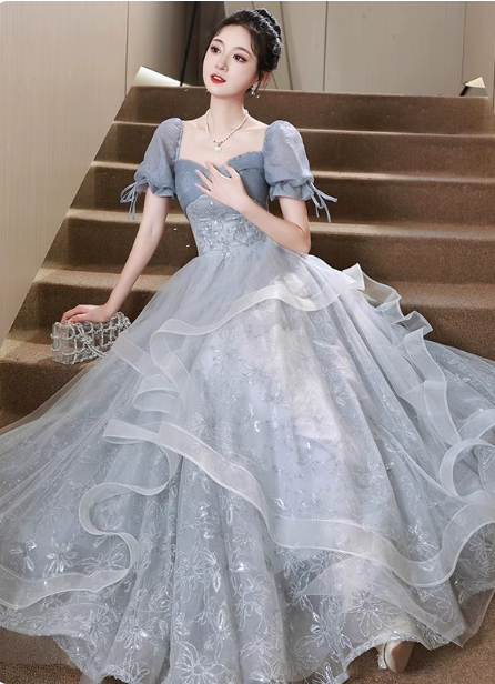 Princess Slate Blue A-Line Puff Sleeve Embroidered Tulle Long Prom Dress Evening Dress Main image