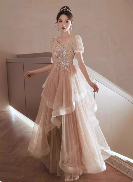Princess Sweet Champagne Nude A-Line Puff Short Sleeve Layered Tulle Long Prom Dress Evening Dress