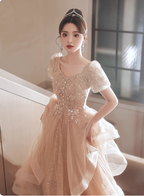 Princess Sweet Champagne Nude A-Line Puff Short Sleeve Layered Tulle Long Prom Dress Evening Dress