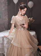 Princess Sweet Champagne Nude A-Line Puff Short Sleeve Layered Tulle Long Prom Dress Evening Dress