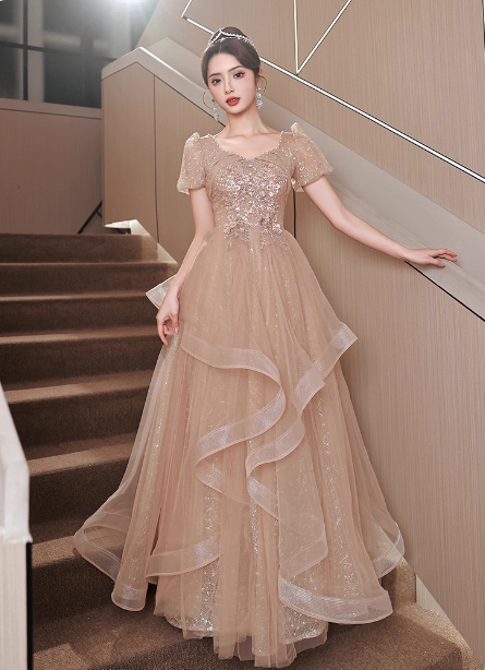 Princess Sweet Champagne Nude A-Line Puff Short Sleeve Layered Tulle Long Prom Dress Evening Dress