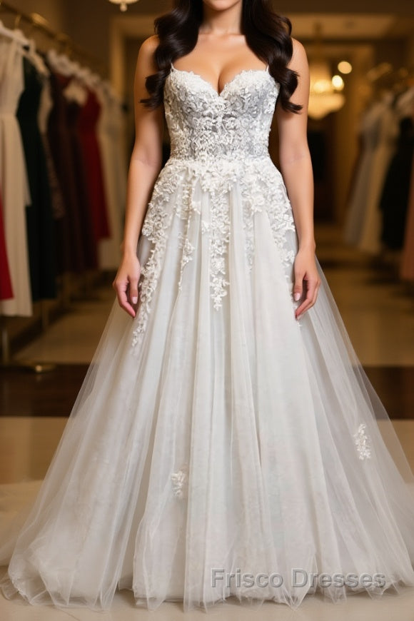 Princess Sweetheart Neck White Lace Formal Prom Wedding Dresses, Ivory Lace Formal Dresses, White Evening Dresses