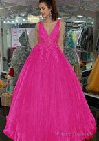 Princess V Neck Long/Floor-Length Tulle Prom Dresses With Appliqued