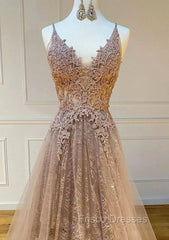 Princess V Neck Sweep Train Lace Tulle Yarn Formal Prom Dress With Glitter