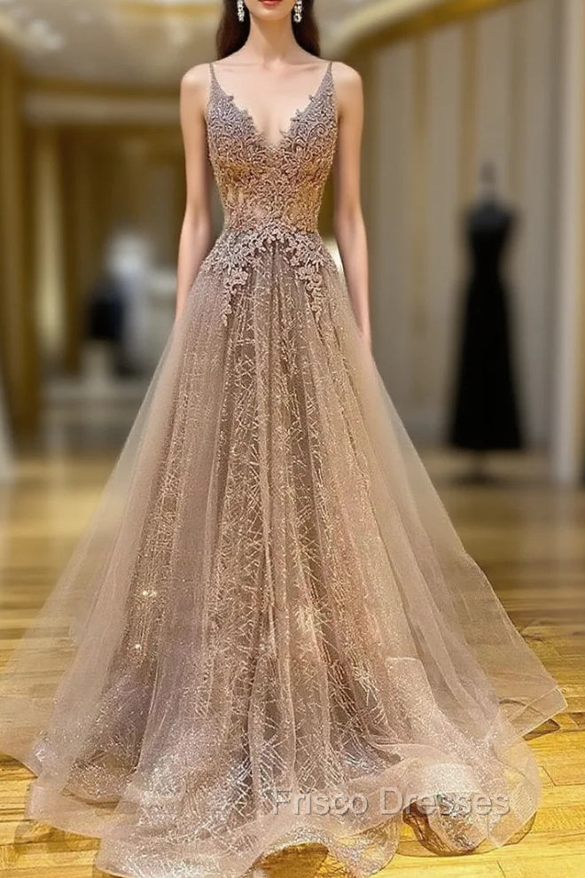 Princess V Neck Sweep Train Lace Tulle Yarn Formal Prom Dress With Glitter