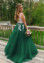 Princess V Neck Sweep Train Tulle Prom Dresses With Appliqued
