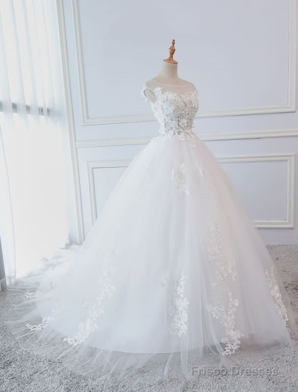 Princess Wedding Dresses Ball Gowns Lace Flowers Applique Sleeveless Bridal Gowns With Train Secondary image