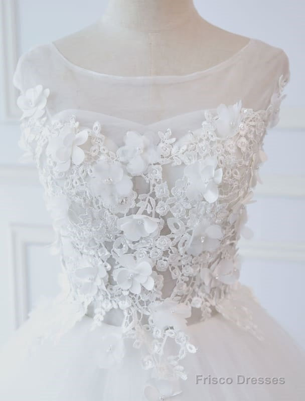 Princess Wedding Dresses Ball Gowns Lace Flowers Applique Sleeveless Bridal Gowns With Train