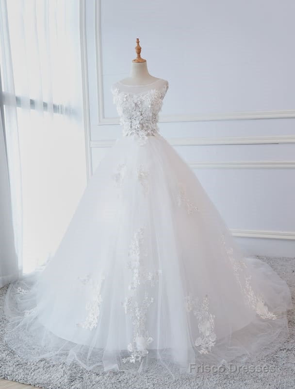 Princess Wedding Dresses Ball Gowns Lace Flowers Applique Sleeveless Bridal Gowns With Train Main image