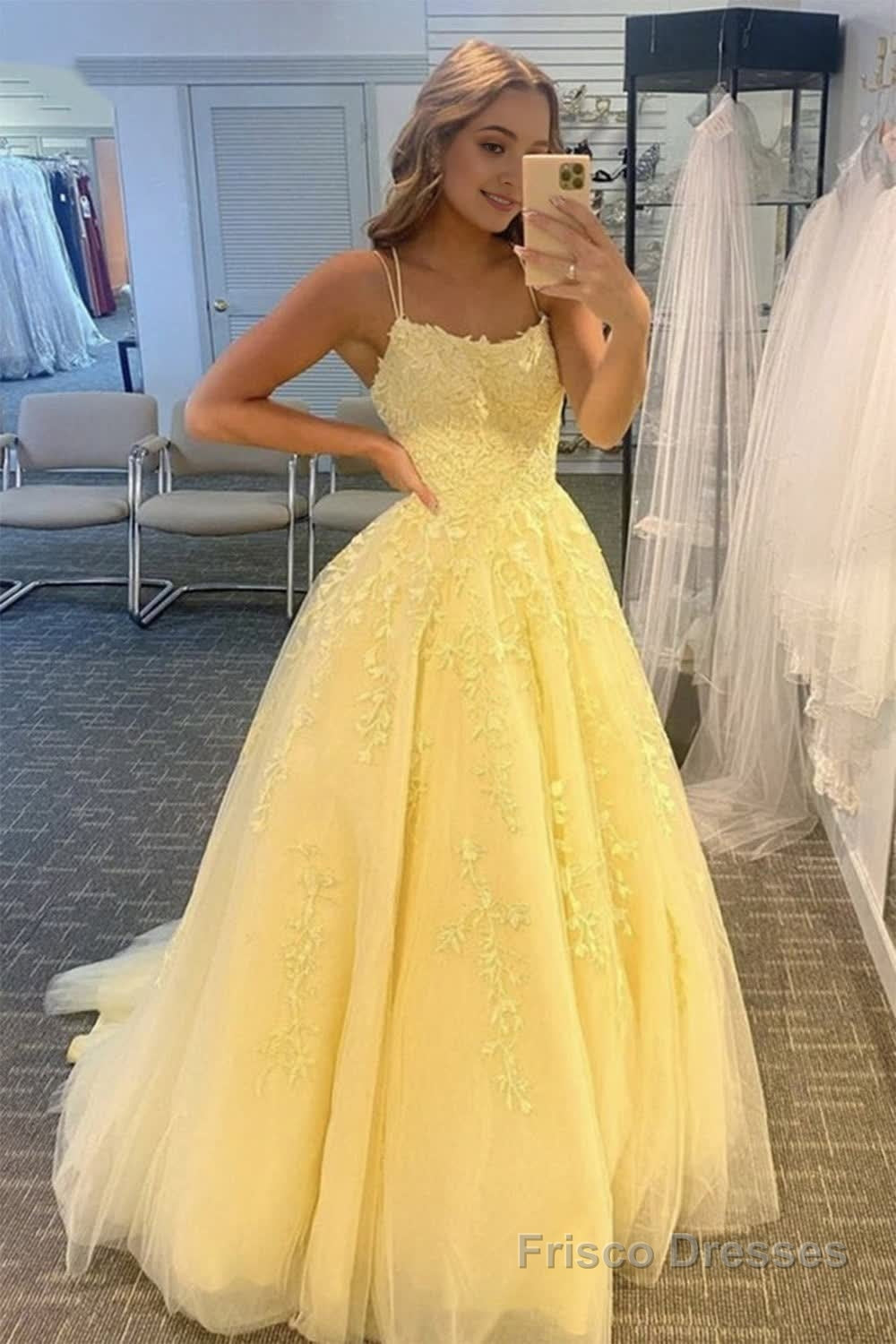 Princess Yellow Spaghetti Straps Prom Dress Main image