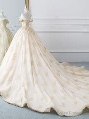 Princesse De Luxe Off The Shoulder Short Sleeve Beaded Sequins Appliques Luxury Princess Ball Gown Wedding Dress Prom Dress Evening Dress