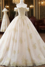 Princesse De Luxe Off The Shoulder Short Sleeve Beaded Sequins Appliques Luxury Princess Ball Gown Wedding Dress Formal Prom Dress Formal Dress