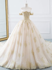 Princesse De Luxe Off The Shoulder Short Sleeve Beaded Sequins Appliques Luxury Princess Ball Gown Wedding Dress Prom Dress Evening Dress
