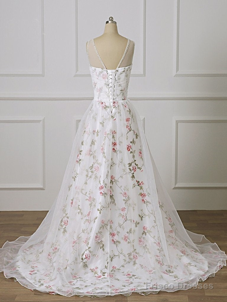 Print Floral Straps Lace Appliques White Long Prom Dress Secondary image