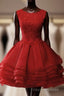 Red Round Neckline Layers Short Formal Prom Dress, Red Lace Homecoming Dress