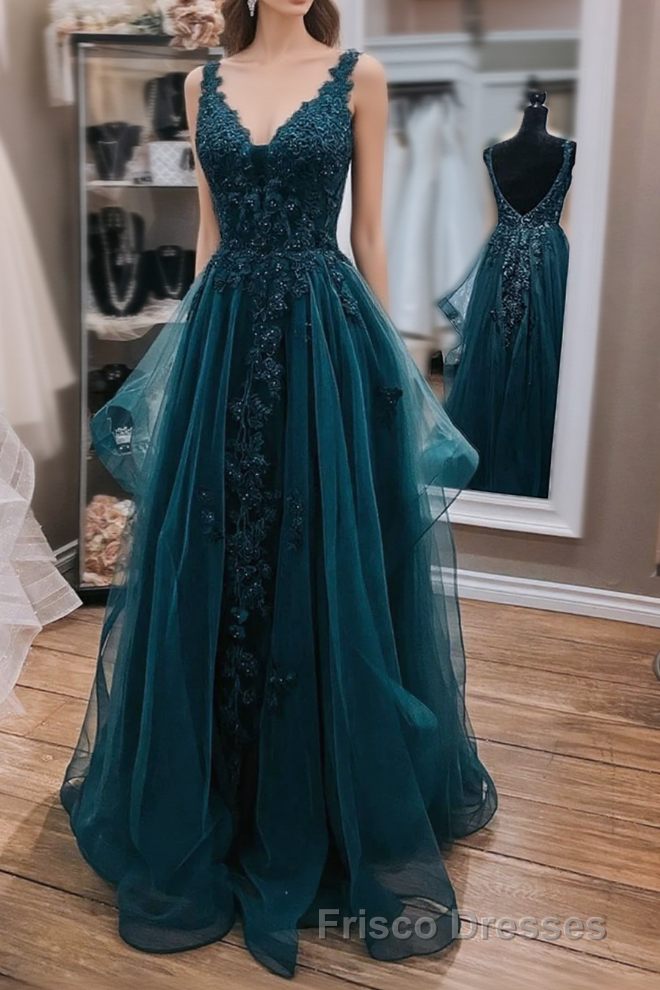 Teal Blue Tulle V-Neckline Long Party Dress With Lace, Teal Blue Long Formal Prom Dress Main image