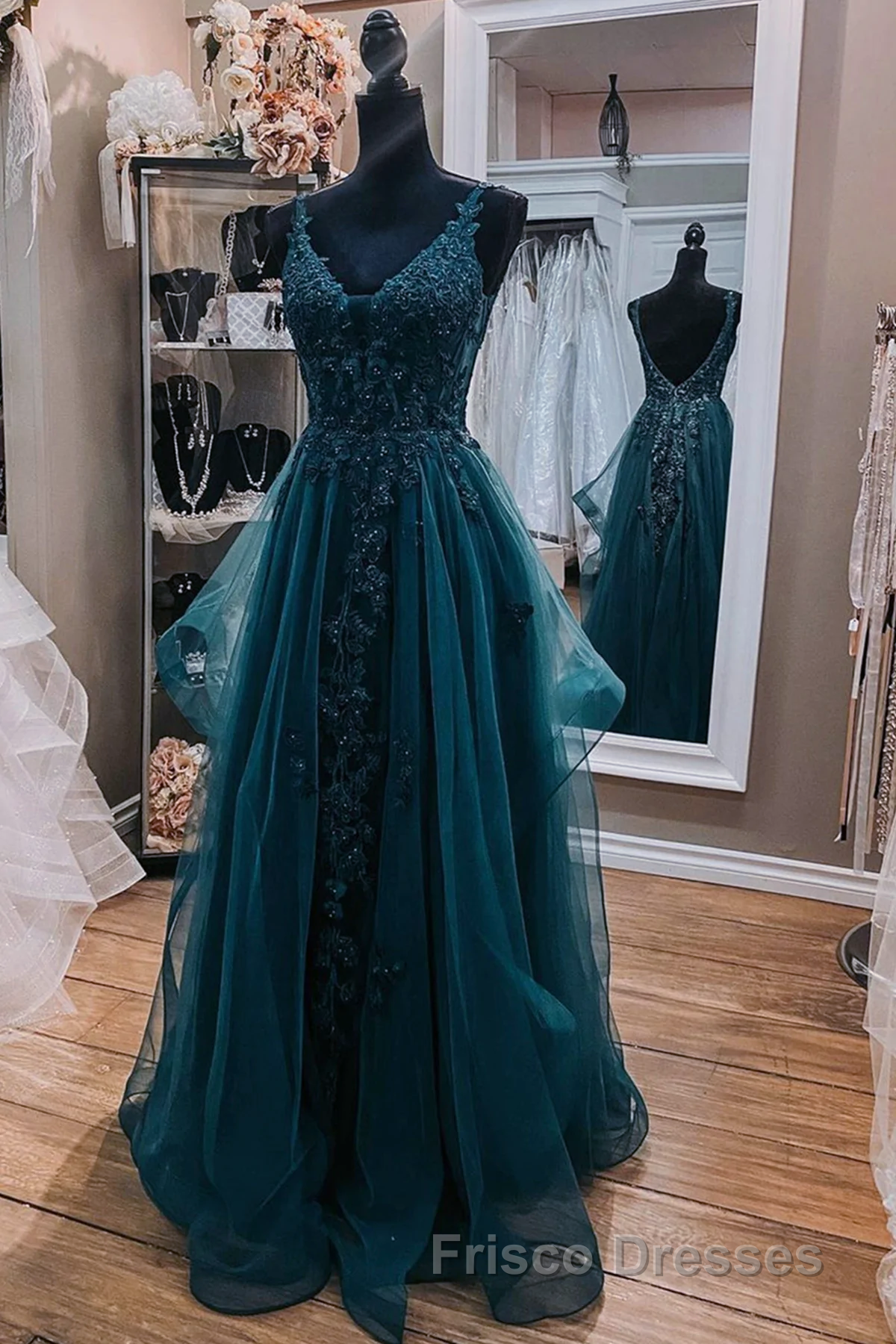 Teal Blue Tulle V-Neckline Long Party Dress With Lace, Teal Blue Long Formal Prom Dress Secondary image
