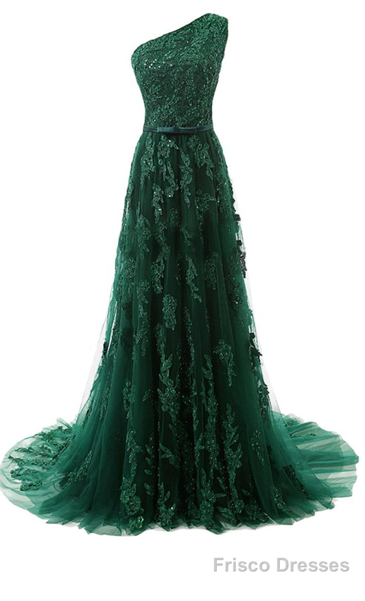 Forest Green Prom Dresses, Lace Tulle Floor Length Prom Dress Featuring One Shoulder Bodice With Bow Accent Belt Main image