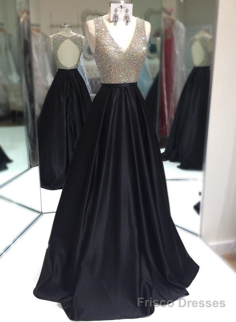 Elegant A-Line/Princess Satin Black Beaded V Neck 2025 Prom Dresses Main image