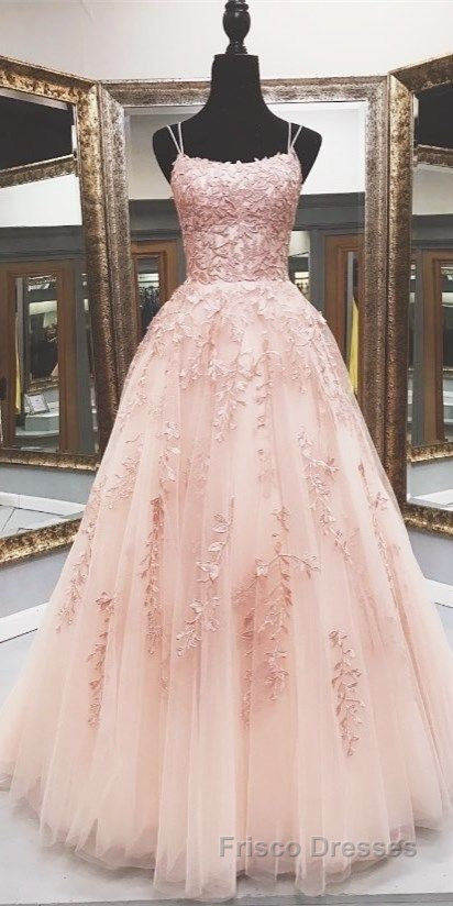 Lace Appliques Pink A LineTulle Long Formal Prom Dress With Straps Secondary image