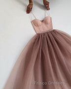 Dusty Rose A-Line Tulle Floor Length Spaghetti Straps Sweetheart Evening Party Dress Formal Prom Dress