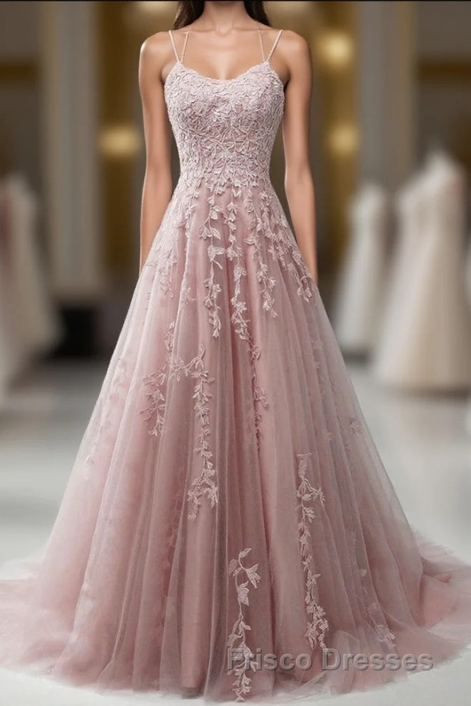 Pink Lace Applique A Line Elegant Spaghetti Straps  Formal Prom Dress Main image