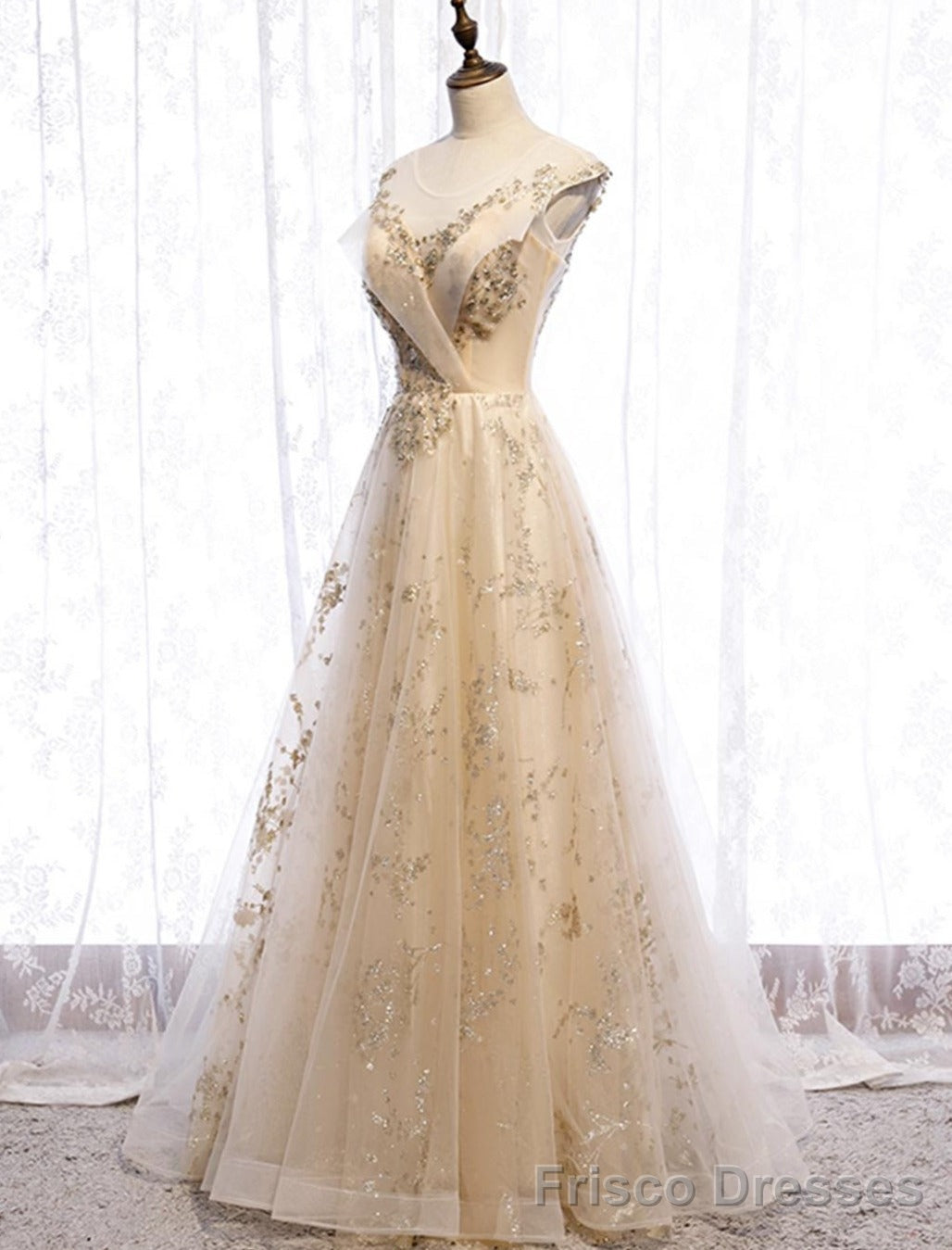 Champagne Tulle Sequins Long Prom Dress Evening Gown Secondary image