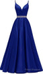 A-line Royal Blue Prom Dresses, Satin Prom Dress With Beading