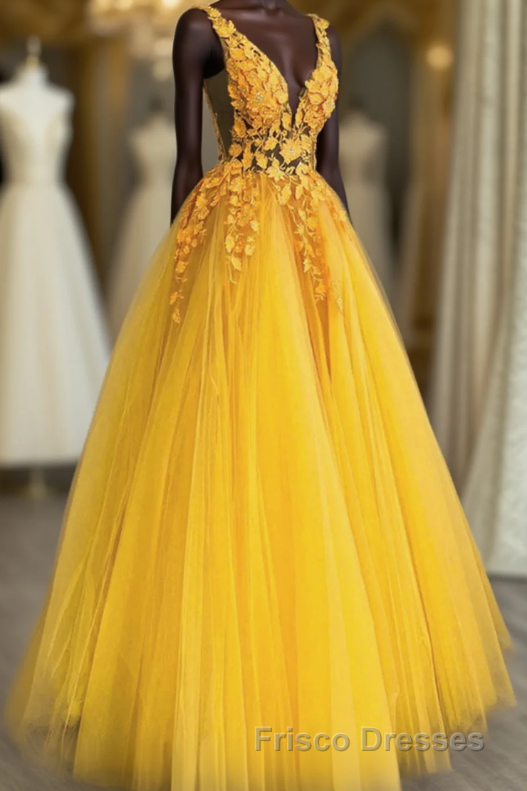 Yellow Tulle With Lace Applique Long Party Dress, A-Line Yellow Formal Prom Dress