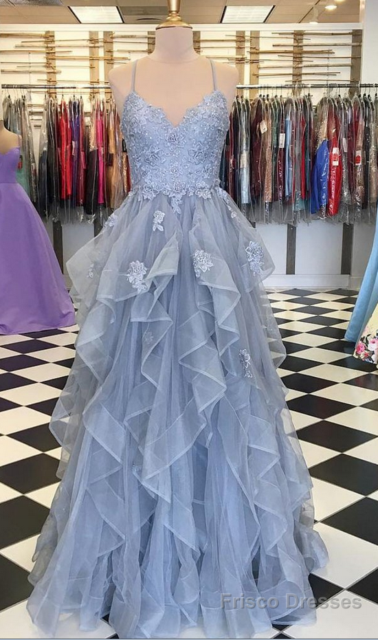 Blue Gray Tulle Ruffles Long Spaghetti Straps Evening Dress, Prom Dress Secondary image