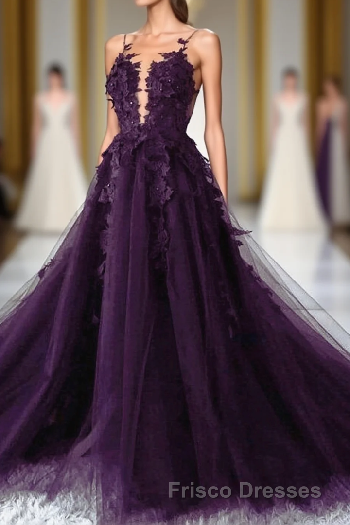 Dark Purple Tulle With Lace Applique Long Wedding Party Dress, Purple Formal Prom Dress Main image