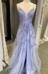 A-line Floral Lace V Neck Prom Dress With Slit