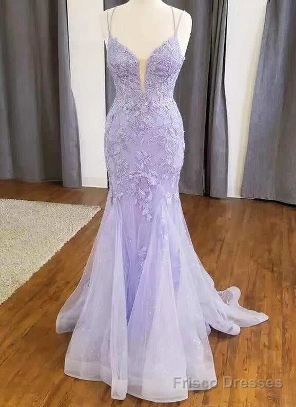 Straps Mermaid V-neck Tulle Appliques Lace Prom Dresses Main image