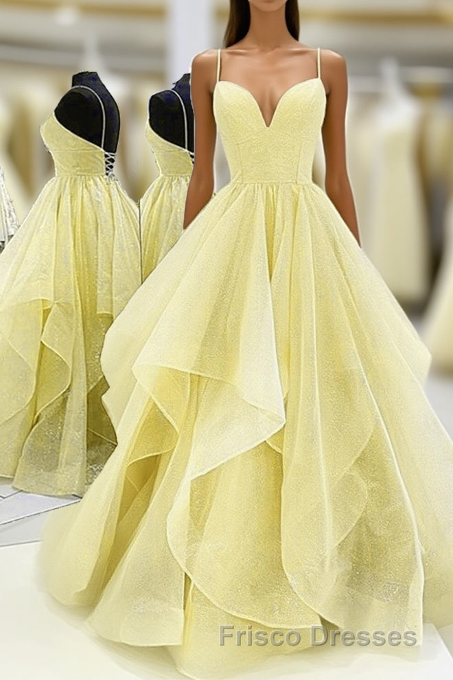Light Yellow Tulle Straps Long Formal Prom Gown, Lace-Up Tulle Evening Dress Main image