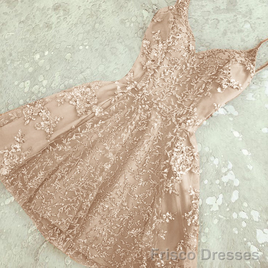 A Line Spaghetti Straps Champagne Short Short Cute Prom Dresses