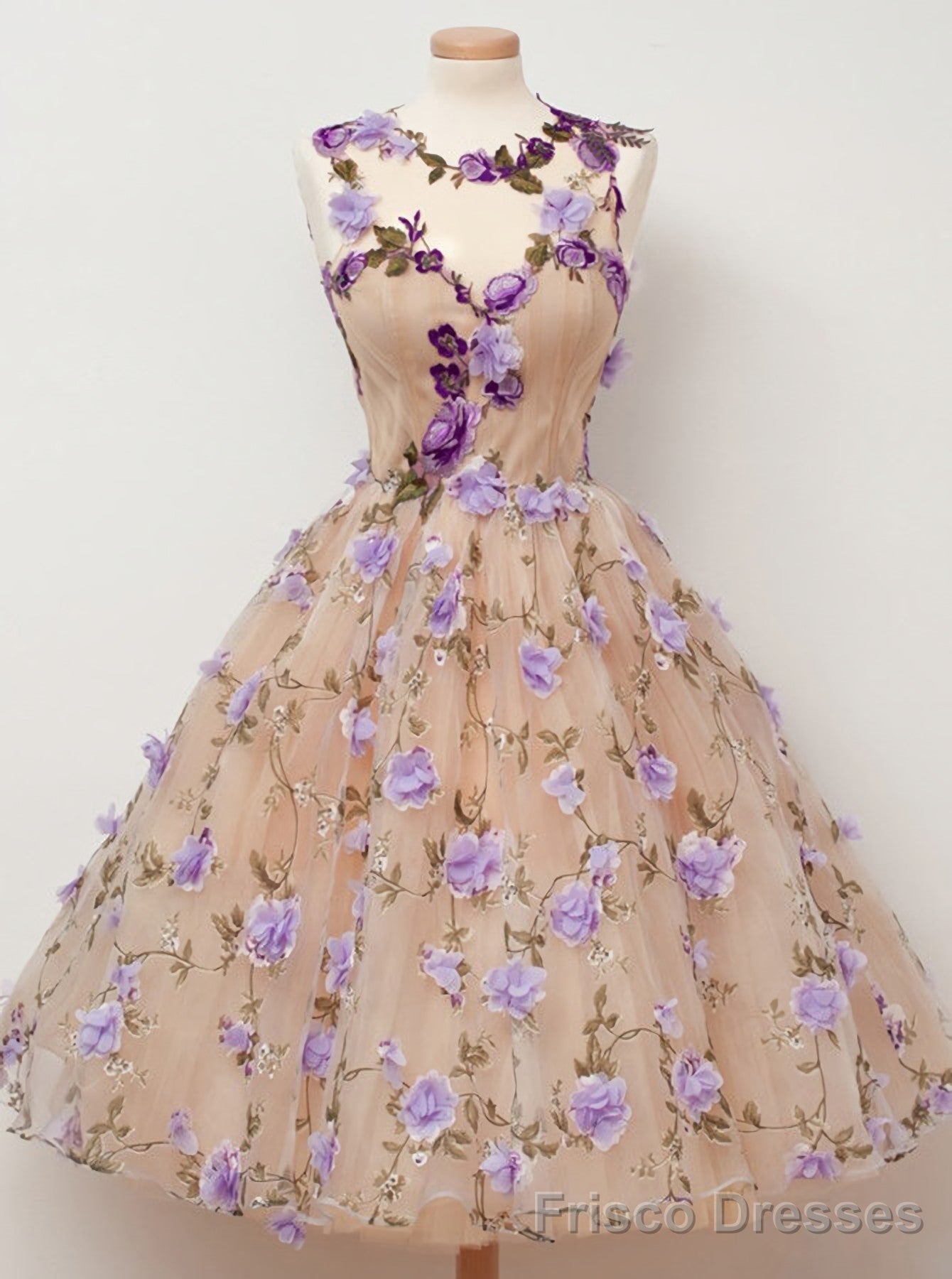 A Line Jewel Tea Length Open Back Champagne Tulle With Appliques Flowers Short Homecoming Dresses Main image