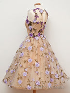 A Line Jewel Tea Length Open Back Champagne Tulle With Appliques Flowers Short Homecoming Dress