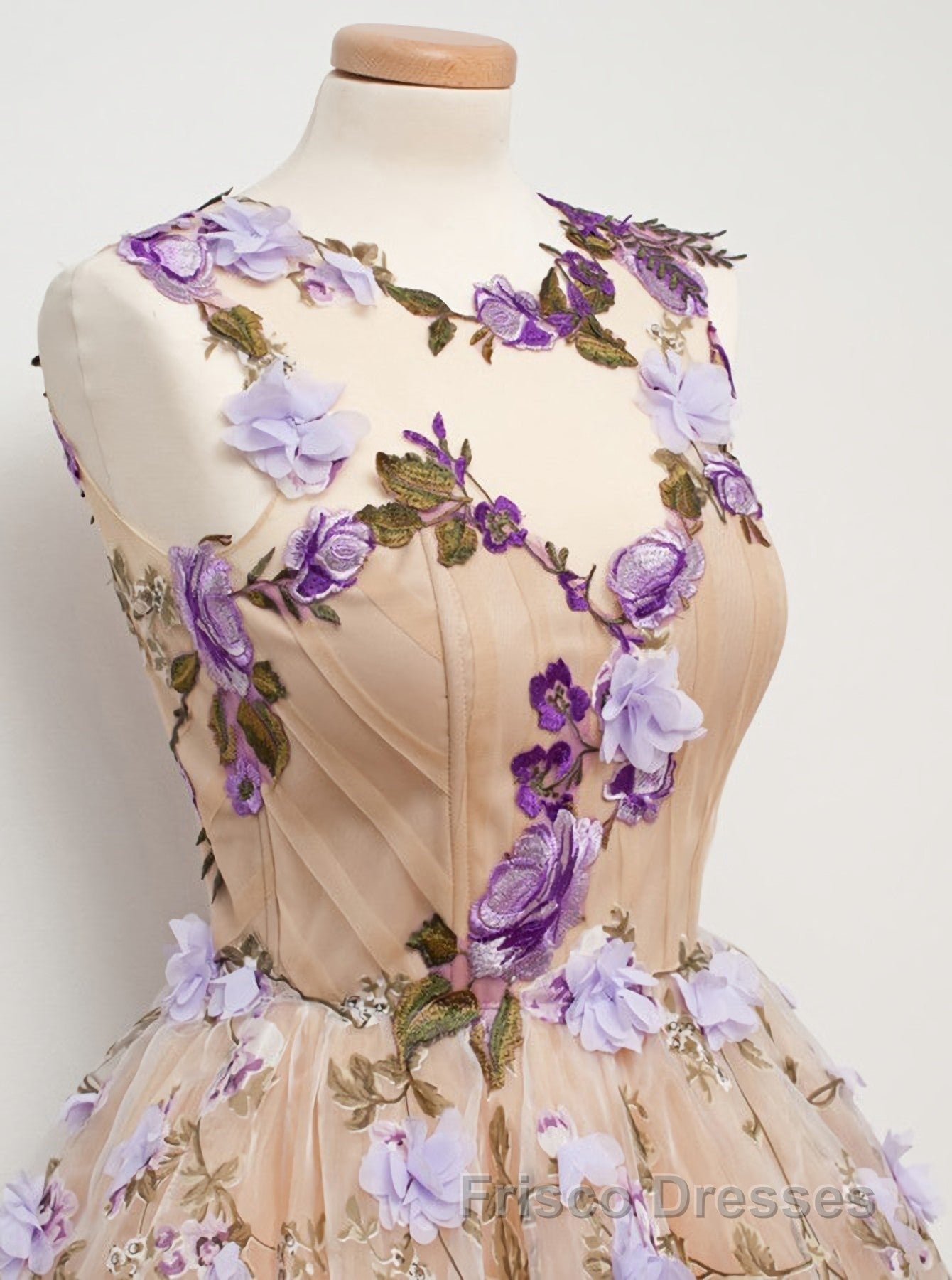 A Line Jewel Tea Length Open Back Champagne Tulle With Appliques Flowers Short Homecoming Dress