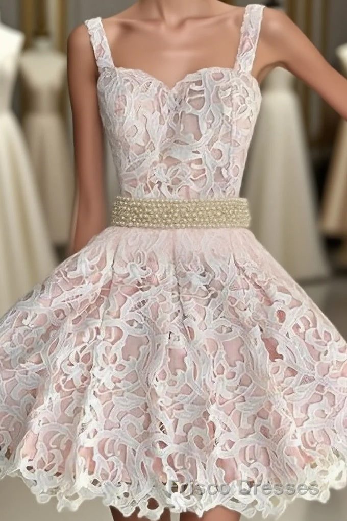 Adorable Two Piece A Line Lace Short Short Homecoming Dress