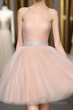 Strapless Blush Pink Tulle Short With Sash Sweet 16 Cute Formal Prom Dress