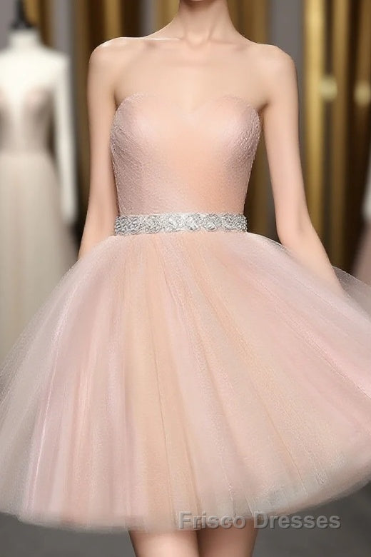Strapless Blush Pink Tulle Short With Sash Sweet 16 Cute Formal Prom Dress