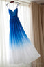 Spaghetti Strap Royal Blue Ombre Long Chiffon Royal Blue Ombre A Line Sweetheart Prom Dresses