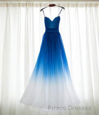 Spaghetti Strap Royal Blue Ombre Long Chiffon Royal Blue Ombre A Line Sweetheart Formal Prom Dress
