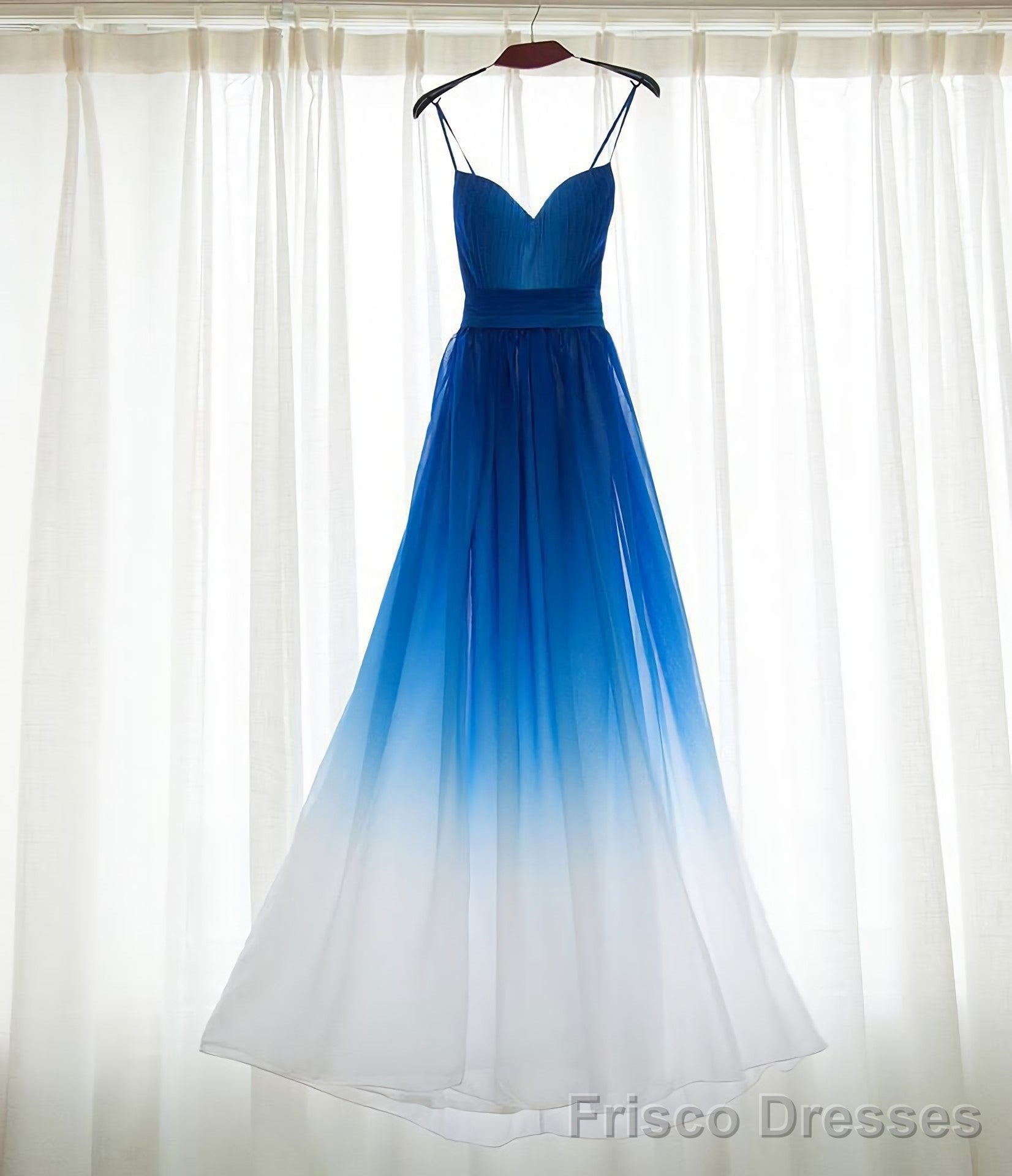 Spaghetti Strap Royal Blue Ombre Long Chiffon Royal Blue Ombre A Line Sweetheart Prom Dresses